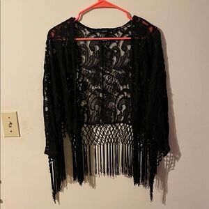 Forever 21 Black Lace Fringe Short Kimono